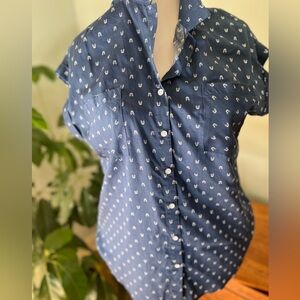 Jachs Girlfriend Eco-Minimalist Navy Lyocell Button Front Blouse L Arrow Print